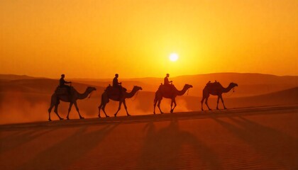 Desert at golden hour with camels walking in silhouette, cinematic lighting”