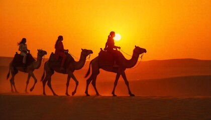 Desert at golden hour with camels walking in silhouette, cinematic lighting”