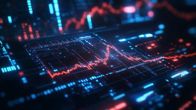 Futuristic data visualization showing financial market trend with dynamic glowing lines