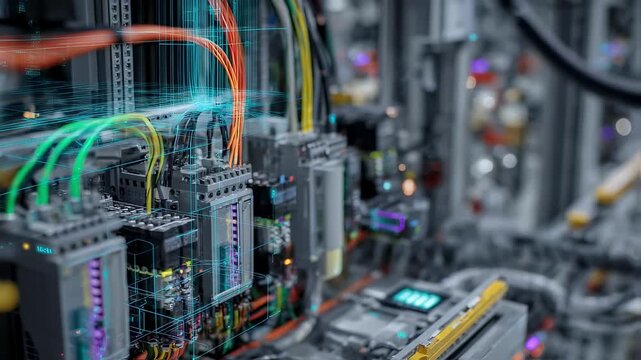 Complex electrical panel with augmented reality overlay displaying wiring and components, showcasing innovation in electrical engineering and maintenance