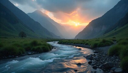 serene mountain valley at sunrise with mist and a flowing river, ultra realistic