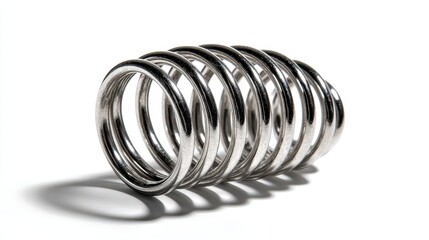 Coiled metal spring isolated on white, casting a soft shadow. It represents resilience, flexibility, and absorbing shock in mechanisms.