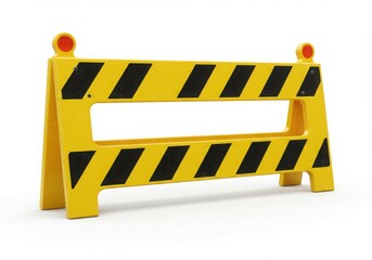 Bright yellow construction barricade with black stripes and lights