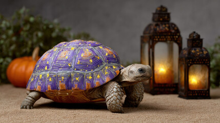 Tortoise with painted pumpkin shell, purple and orange pattern, walking on sand, lanterns and pumpkin in background, autumn mood