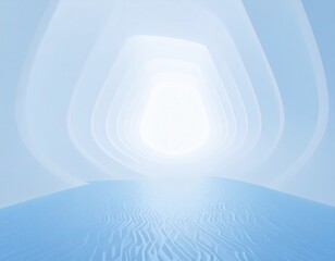 Naklejka premium A surreal scene of a series of white, concentric, arch-like structures creating a tunnel effect. The ground appears to be a stylized, textured surface resembling light blue sand, with rippled patterns