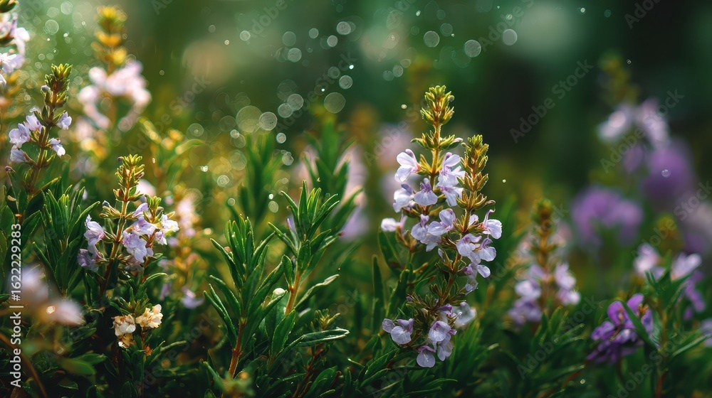 Aufkleber close-up of blooming wild rosemary with bokeh background in the garden. can be used for website and 