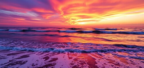 Fiery orange and purple sunset paints the calm ocean waves at the coast, ray, pink