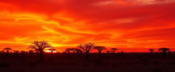 Obraz premium Fiery red sunset paints African savannah, acacia trees silhouetted against vibrant sky, africa, animals