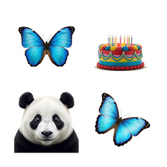 Blue butterfly, birthday cake and panda bear isolated on transparent background
