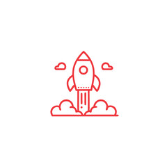 A minimalistic outline shows a red rocket ship taking off with a cloud effect