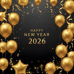 Golden Balloons and Confetti Celebrate New Year 2026 on Black Ba