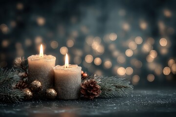 Two lit candles and ornaments sit before a bokeh background. Use this for holiday cards or warm seasonal designs.