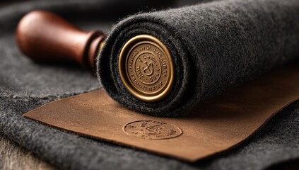 Close-up of a bronze seal stamp, rolled fabric, and leather