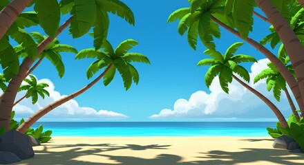 Summer background, 3d render with tropical sandy beach with palmamia and turquoise ocean,light blue sky with clouds with free space for text. Background for advertising vacation, travel