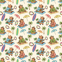 seamless pattern with funny animals capibara on the beach