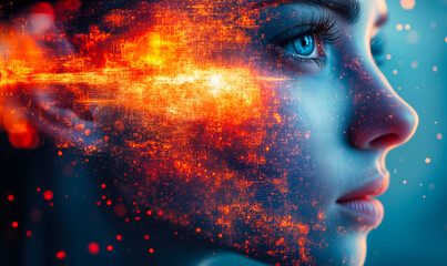 Profile of woman with digital futuristic cybernetic effects, artificial intelligence visualization with glowing pixel particles, technology and innovation concept