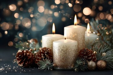 Burning candles with pinecones and glittery gold against bokeh background. Ideal for seasonal greeting cards, or other holiday-themed projects.