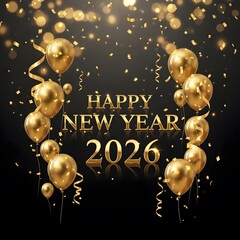 Golden Balloons and Confetti Celebrate New Year 2026 on Black Ba