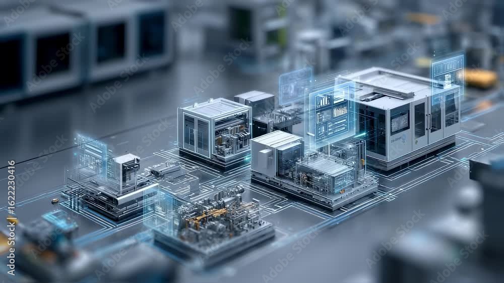 Poster complex interconnected industrial machines exchanging data and information, visualized on a futurist