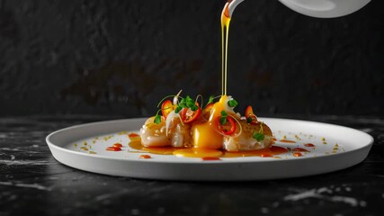 A close-up of a gourmet dish with sauce being poured over it on a white plate