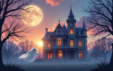 Fototapeta premium Mysterious haunted house with a ghost under a full moon.