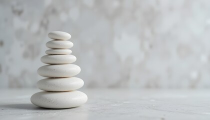 Stacked White Pebbles on Soft Grey Background for Calm Mind