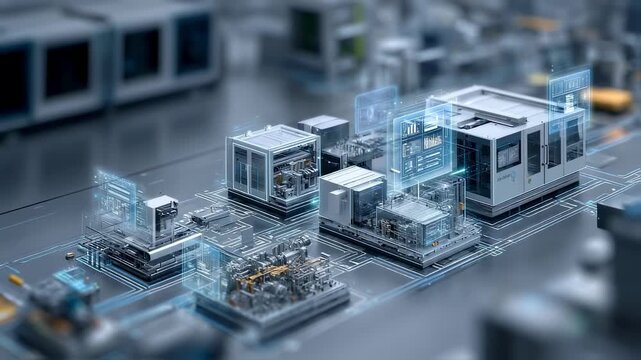 Complex interconnected industrial machines exchanging data and information, visualized on a futuristic circuit board, representing innovation in automated manufacturing and industry 4.0