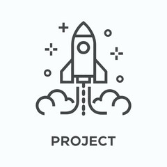 Line art shows spaceship launching with smoke and space elements representing a new project