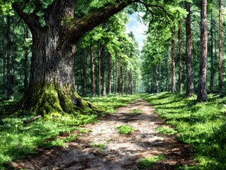Fototapeta premium Sunlit Path Through Lush Green Forest