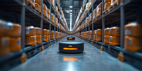 Automated warehouse with orange mobile robots navigating aisles for robotics fulfillment and inventory management systems optimization in logistics facility