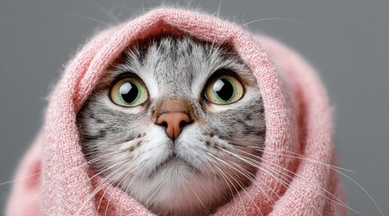 Cute tabby cat with big green eyes wrapped in a pink knitted scarf.