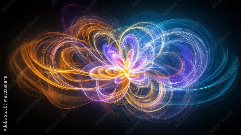 Wall mural abstract glowing light swirl in purple, orange, and blue with dynamic energy flow creating vibrant c