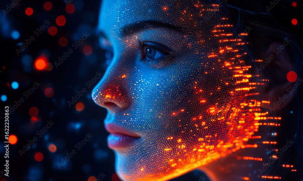 Poster futuristic face scanning with digital particle data overlay symbolizing artificial intelligence and 