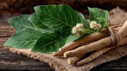 Ashwagandha roots, leaves, and flower with jute string on burlap. Good for wellness, alternative medicine, and traditional herbal remedy.