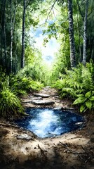 Obraz premium Serene Forest Path with Reflecting Pool.