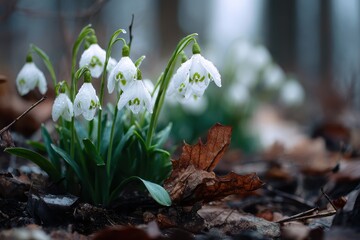 Snowdrop flowers with water droplets, blooming in early spring forest. It conveys fresh start, purity, and the hopeful beginning of the season.