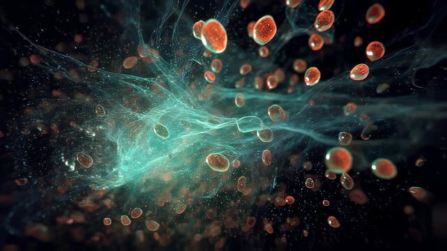 Abstract conceptual footage illustrating systemic capillary leakage with pulsating aqua bloom spreading through human tissue model symbolizing swelling and fluid imbalance.