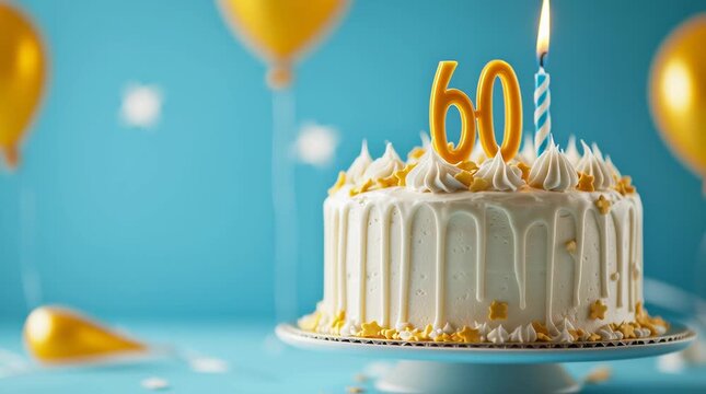 Elegant 60th Birthday Cake with Golden Decorations and Candle