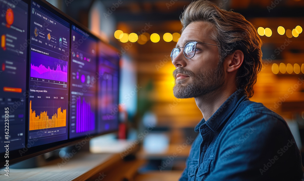 Poster young man analyzing financial data dashboards on multiple monitors in modern office with focused exp