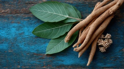 Ashwagandha roots, flowers, and leaves lay on a blue wooden board. This image can be used to illustrate natural medicine and wellness.