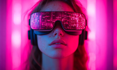 Close up young woman wearing futuristic virtual reality headset with digital neon pink cityscape reflection immersive technology concept in vivid lighting