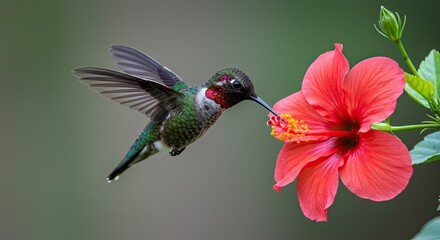 Fototapeta premium Ruby-throated hummingbird feeding on a vibrant red hibiscus flower nectar