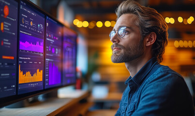 Young man analyzing financial data dashboards on multiple monitors in modern office with focused expression and colorful graphs and charts on screens at night