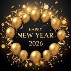 Golden Balloons and Confetti Celebrate New Year 2026 on Black Ba
