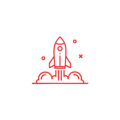 A red linear rocket takes off, leaving a trail of smoke and fire