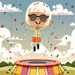 Naklejka premium A bubbly forest of soda trees surrounds this cartoon as they bounce on jelly in checkerboard pants and candy curls.