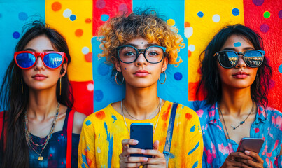 Diverse young women with sunglasses using smartphones in colorful urban setting vibrant background social media content creation technology communication