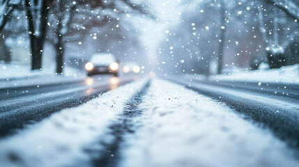 Snow covered winter road with blurred headlights and falling snow ideal for cold season weather alerts travel danger and holiday themes