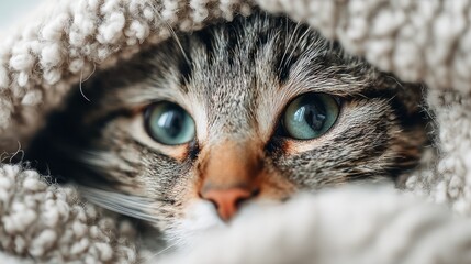 Close-up of a tabby cat with beautiful green eyes wrapped snugly in a cozy blanket