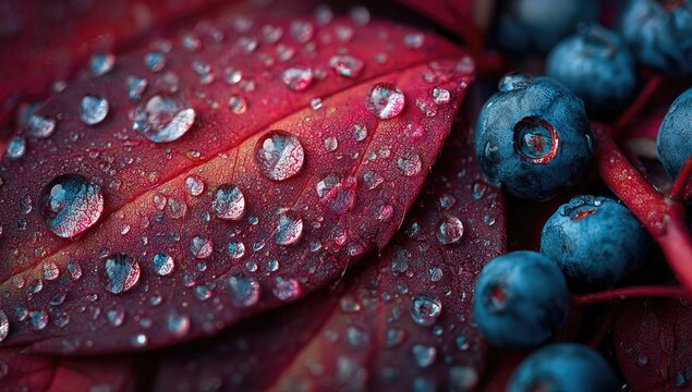 Close-up of vibrant red leaves with water droplets and blueberries